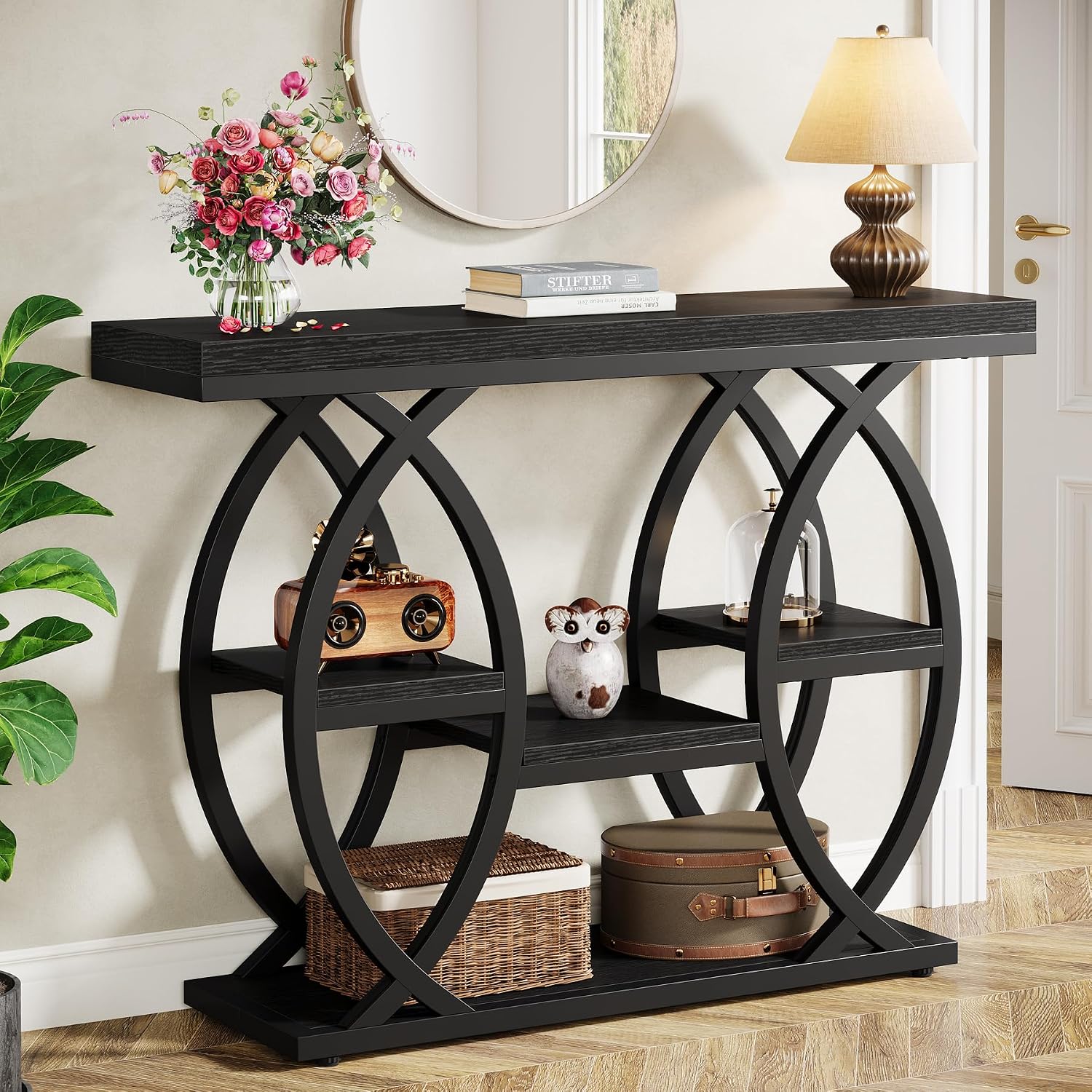 Tribesigns 39.4' Console Table, Industrial 4-Tier Sofa Table Entryway Table with Storage Shelves, Narrow Wood Accent Tables with Metal Frame for Small Spaces, Hallway, Foyer, Black