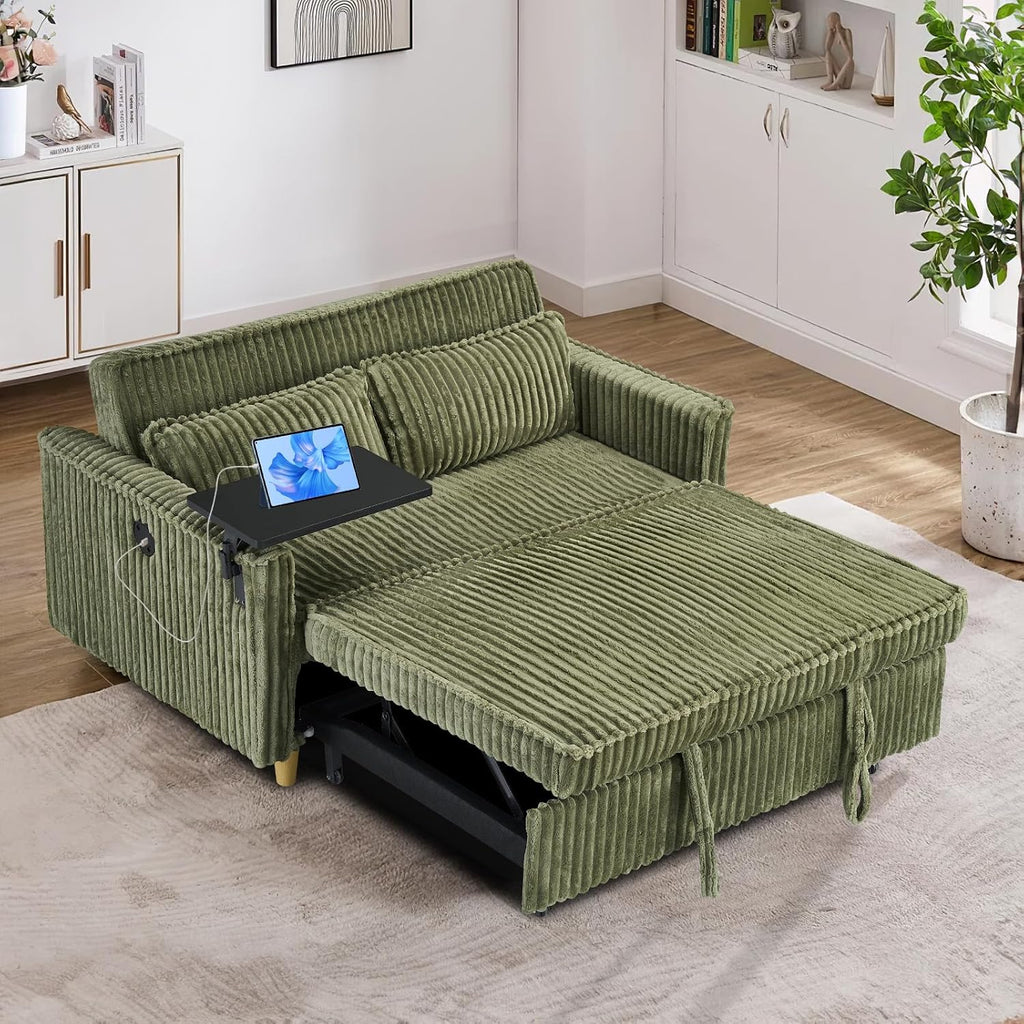 54'W Convertible Sleeper Sofa Bed,3-In-1 Corduroy Pull Out Couch Bed,Futon Loveseat Sleeper Couch with Adjustable Backrest & USB Ports & Side Table,Recliner for Living Room/Office/Small Space(Green)