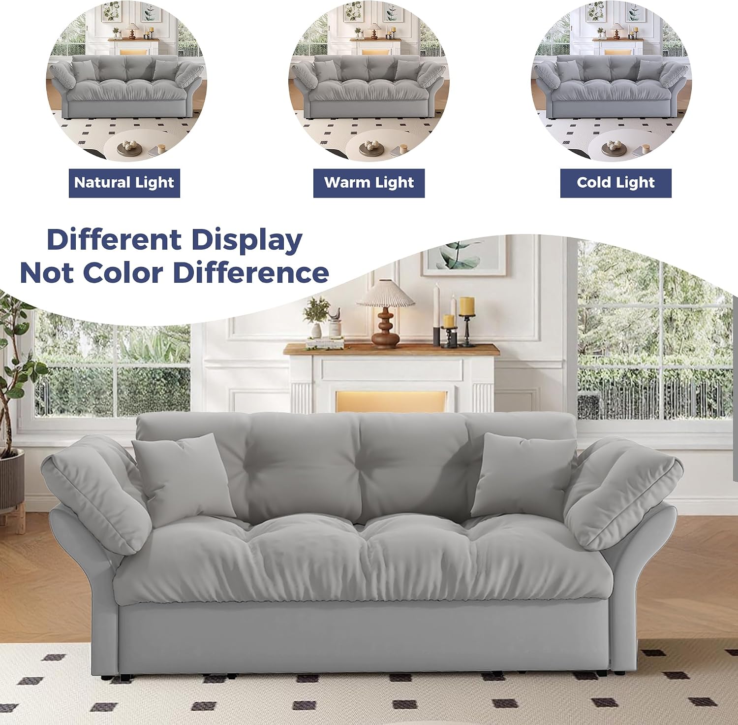 74.8' Queen Size Sleeper Sofa with Pull Out Bed, 3-in-1 Convertible Loveseat Sofa with 2 Pillows, Portable Pull Out Chaise for Living Room Apartment Small Spaces, Grey