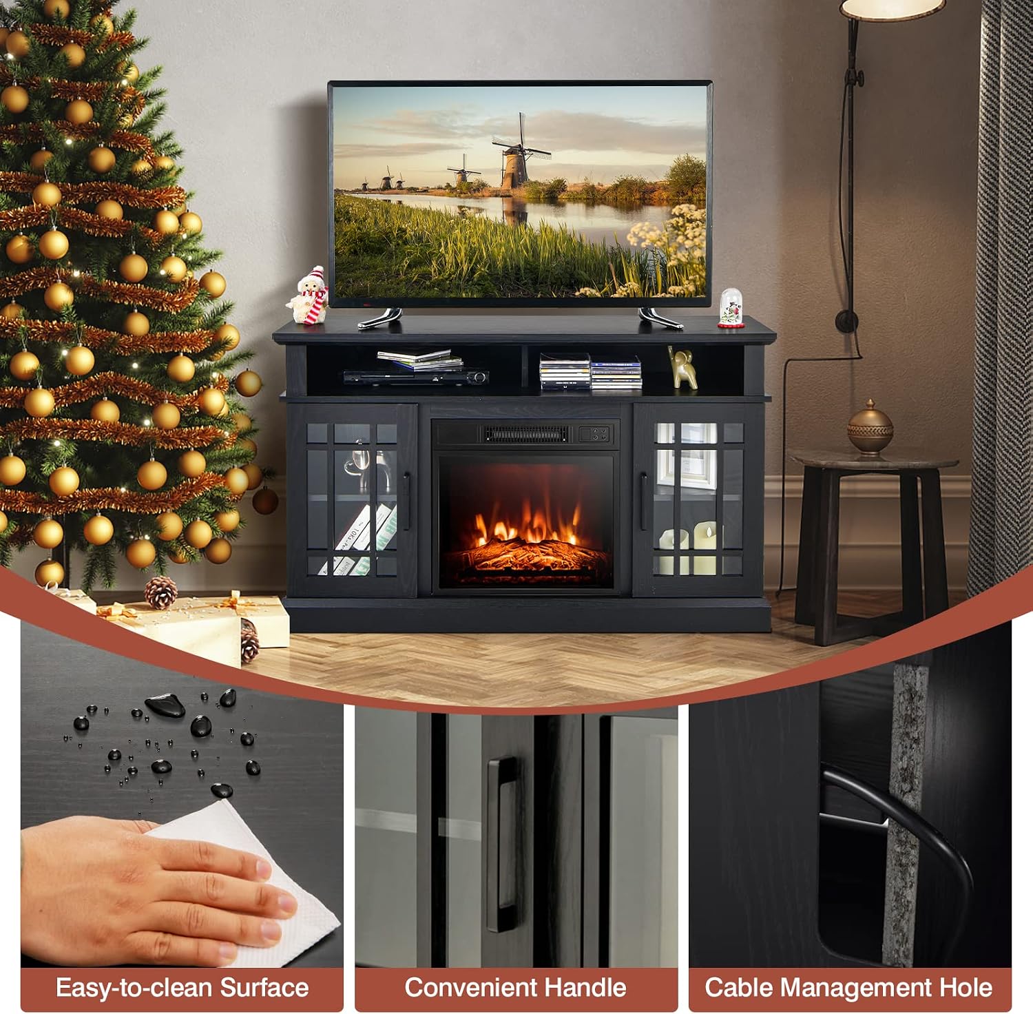 COSTWAY Electric Fireplace TV Stand for TVs Up to 55 Inches, 18-Inch Fireplace Insert with Remote, Overheat Protection, 48-Inch Wooden Media Entertainment Center with Adjustable Shelves, Black