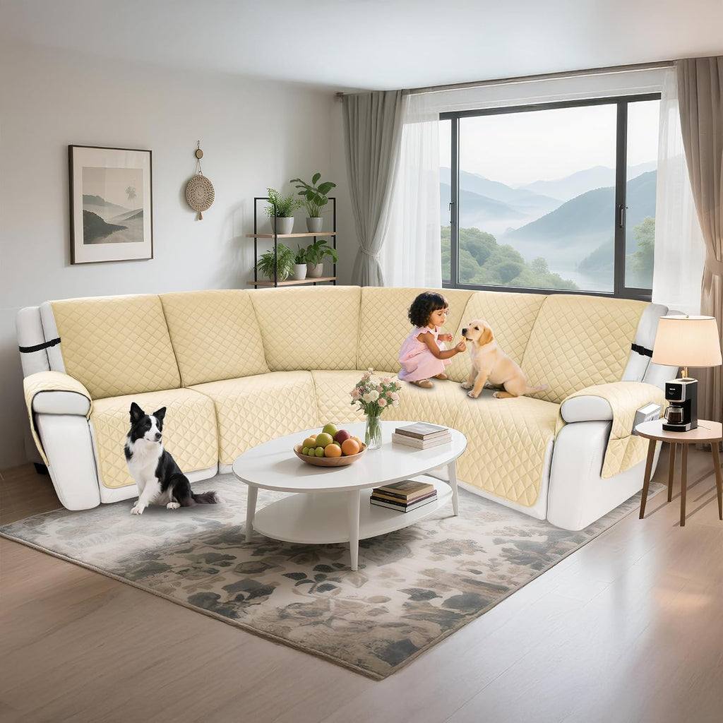 Waterproof Sectional Reclining Couch Covers L Shaped Recliner Sectional Sofa Cover 7 Piece Non Slip Washable Corner Recliner Slipcover Set for Pet Dog (5 Seater Cover, Beige)