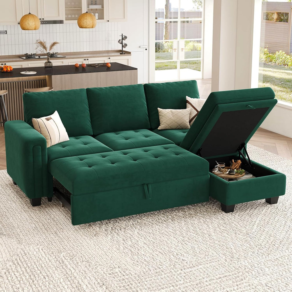 Belffin Sectional Sleeper Sofa with Pull Out Couch Bed Modular Sectional Sofa with Storage Velvet L Shaped Couch Sleeper Bed Green