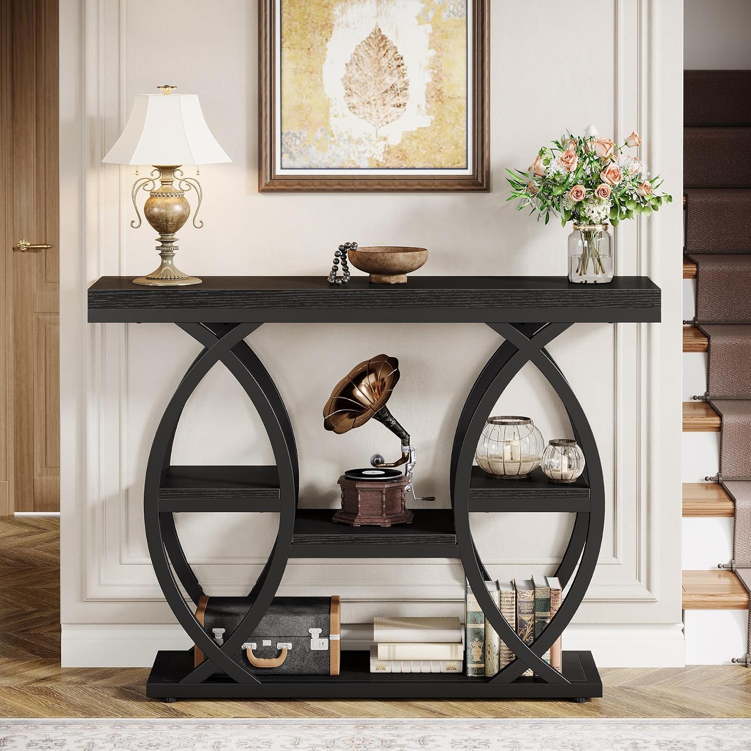 Tribesigns 39.4' Console Table, Industrial 4-Tier Sofa Table Entryway Table with Storage Shelves, Narrow Wood Accent Tables with Metal Frame for Small Spaces, Hallway, Foyer, Black