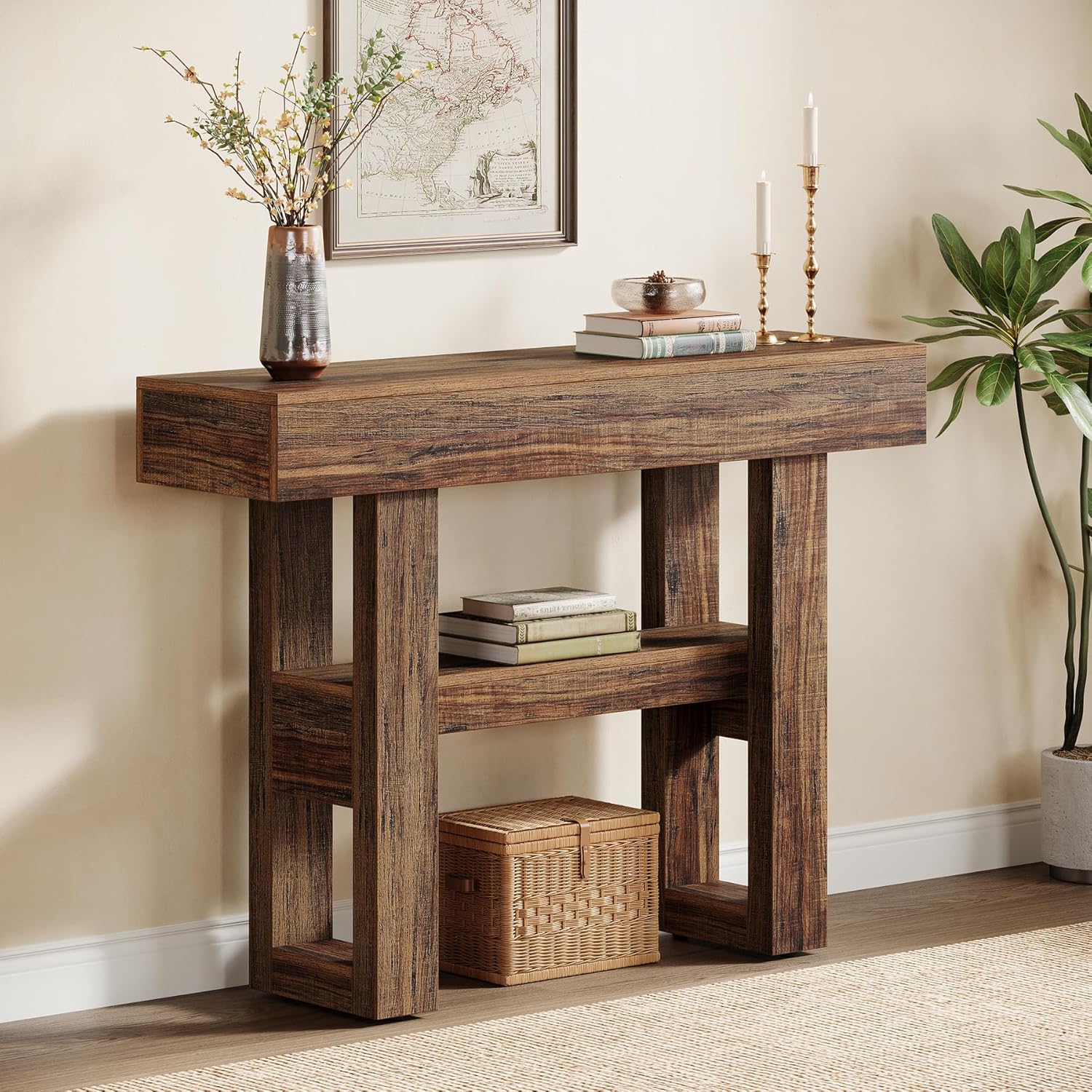 Tribesigns 41.34-Inch Farmhouse Console Table, 2-Tier Narrow Sofa Table Behind The Couch, Entryway Furniture with Storage Shelves for Hallway Foyer Living Room, Rustic Brown