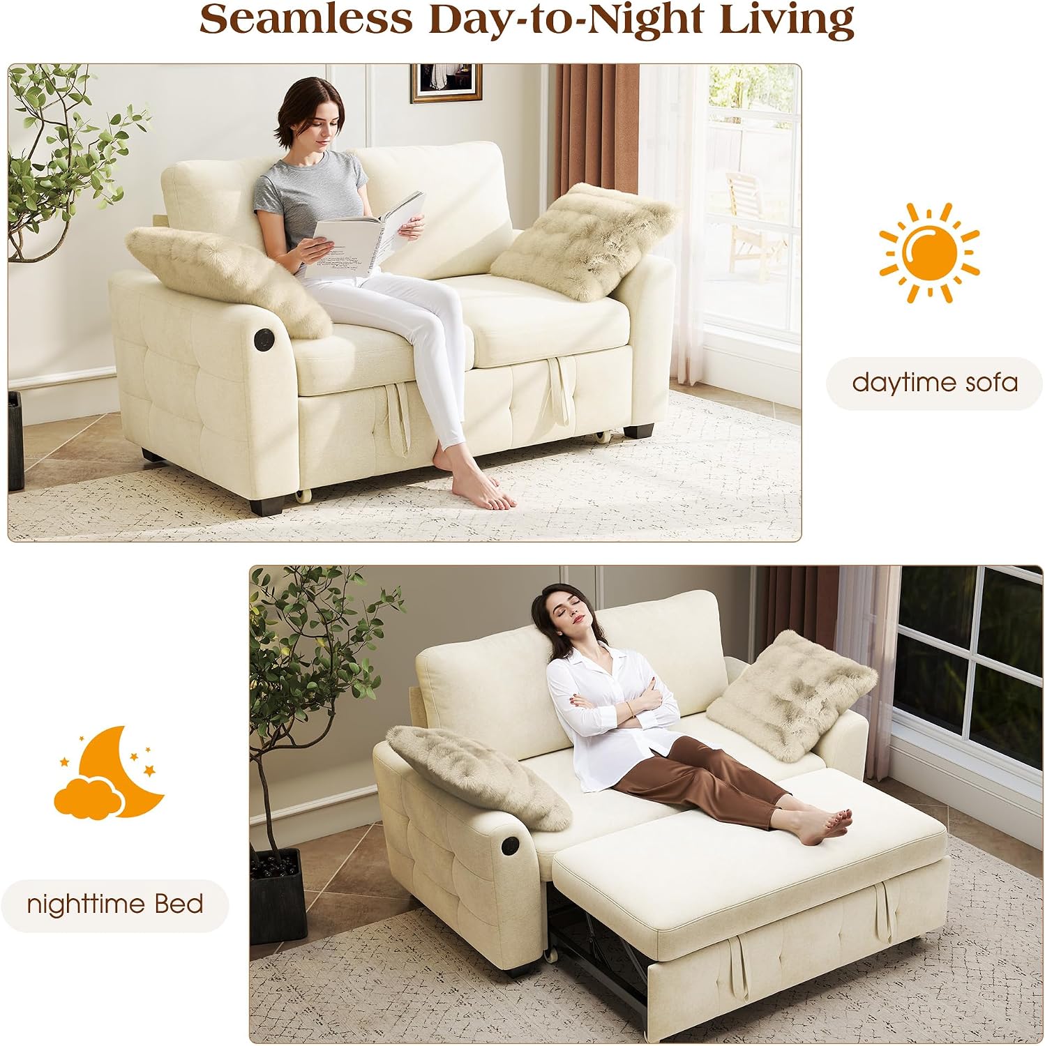 Ihanherry 59-inch Convertible Sofa Bed, Pull Out Sleeper with USB Port & Wide Armrests, 2-in-1 Chenille Fabric Loveseat with 2 Pillows, Space-Saving for Small Apartment, Living Room, Bedroom（Beige）