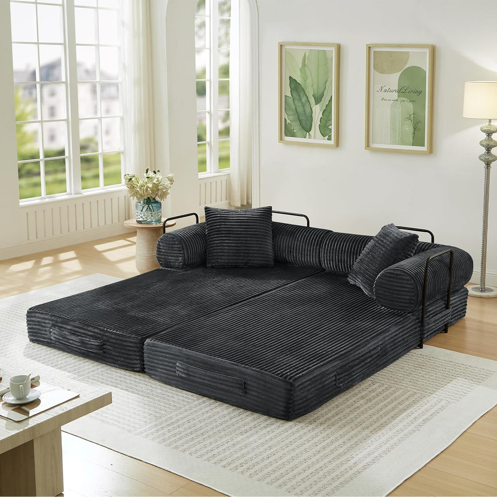 Antetek Modular Couch Bed, Convertible Folding Plush Corduroy Comfy Floor Compression Loveseat Sleeper Sofa Couch, King Size Bed for Guest Room Living Room Bedroom, No Assembly Required, Dark Grey
