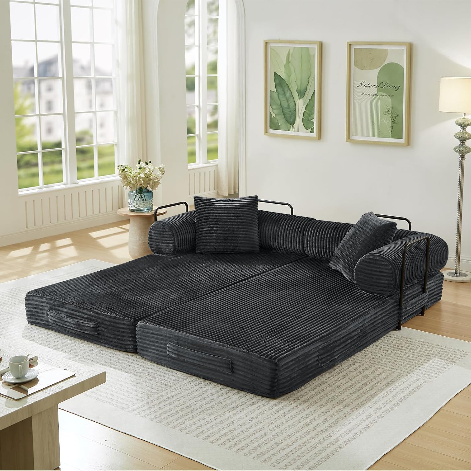 Antetek Modular Couch Bed, Convertible Folding Plush Corduroy Comfy Floor Compression Loveseat Sleeper Sofa Couch, King Size Bed for Guest Room Living Room Bedroom, No Assembly Required, Dark Grey
