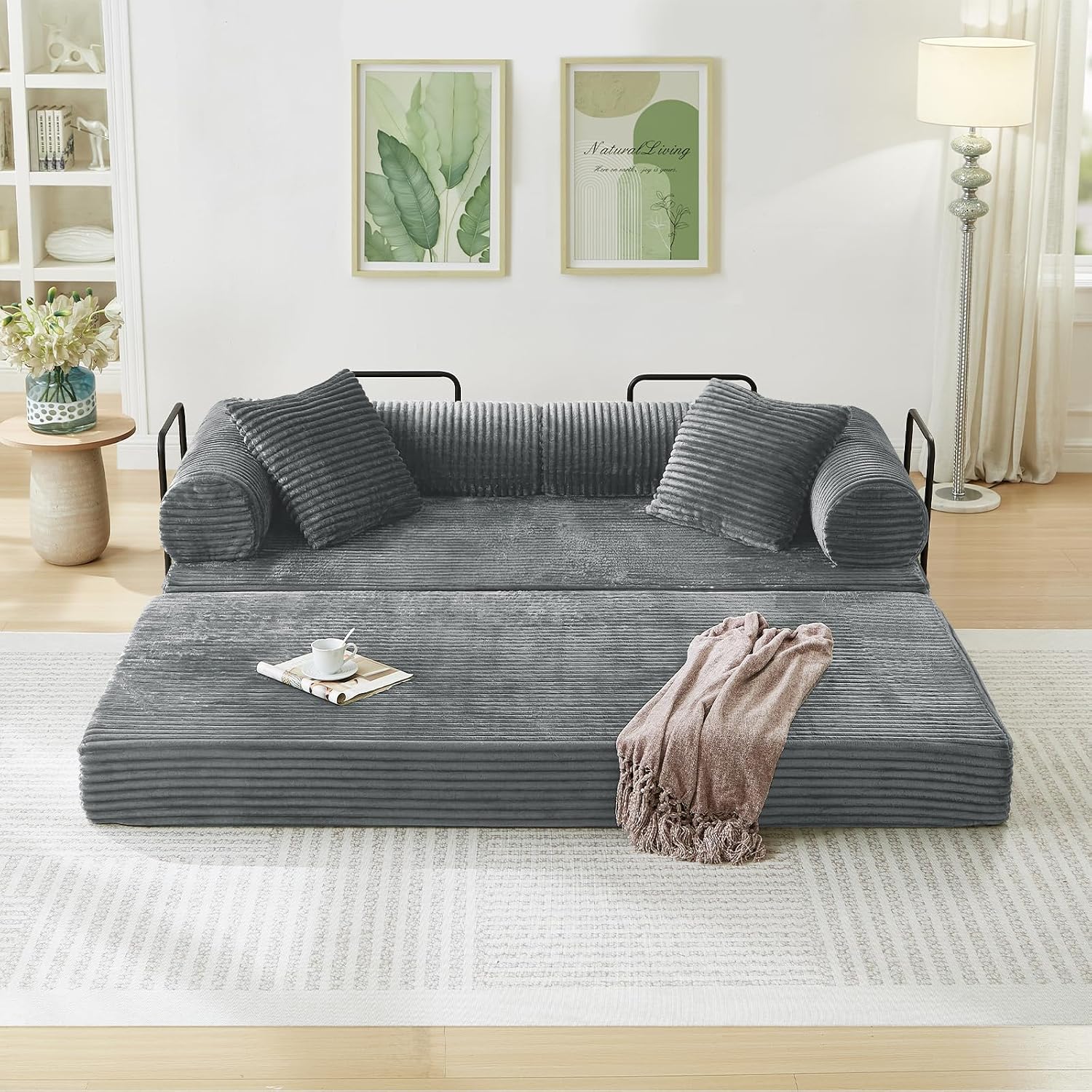 Antetek Modular Couch Bed, Convertible Folding Plush Corduroy Comfy Floor Compression Loveseat Sleeper Sofa Couch, King Size Bed for Guest Room Living Room Bedroom, No Assembly Required, Light Grey