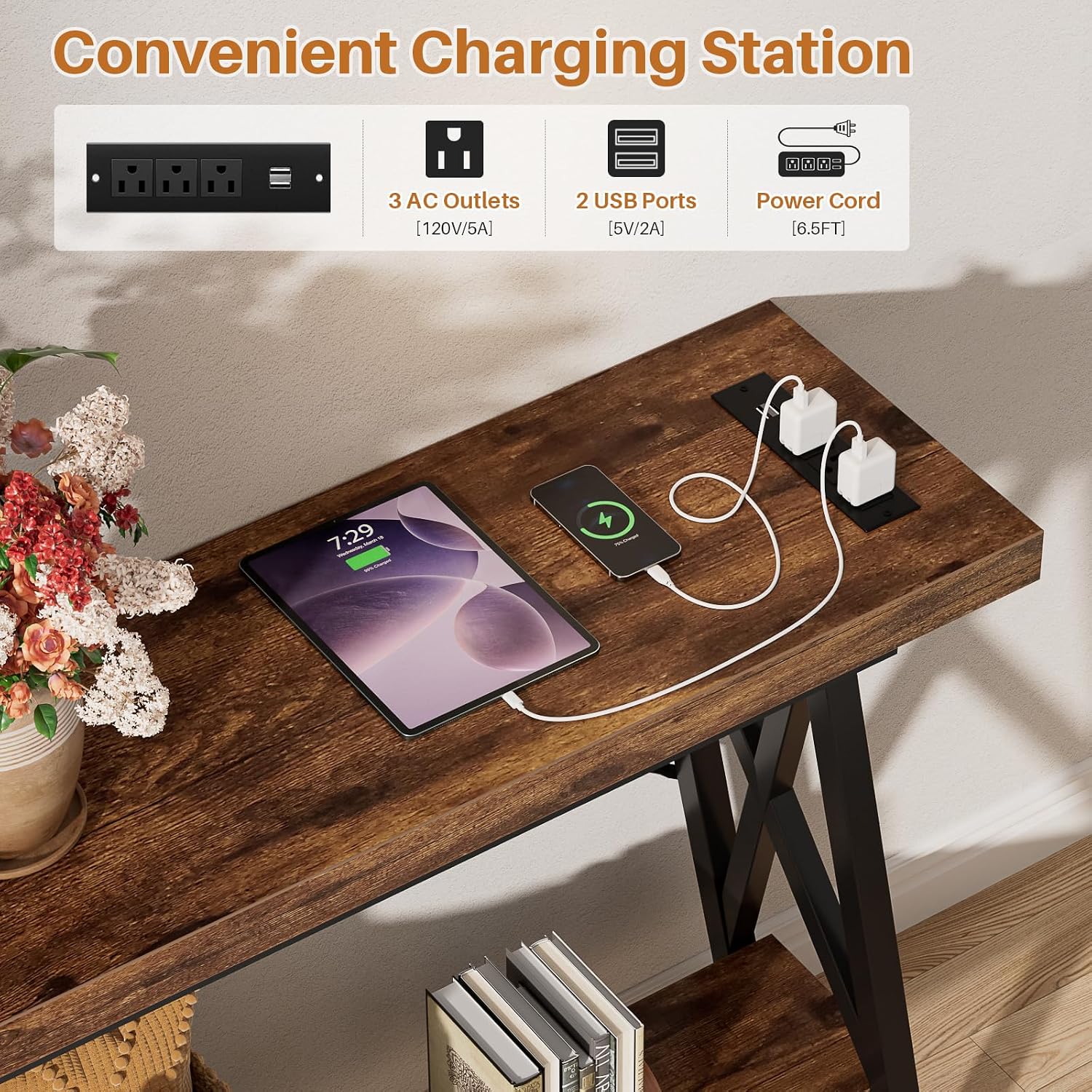 Homieasy 70.9 Inch Extra Long Console Table, Industrial Sofa Table Behind Couch with Charging Station & Storage Shelf, Entryway Table for Living Room & Entryway, Rustic Brown