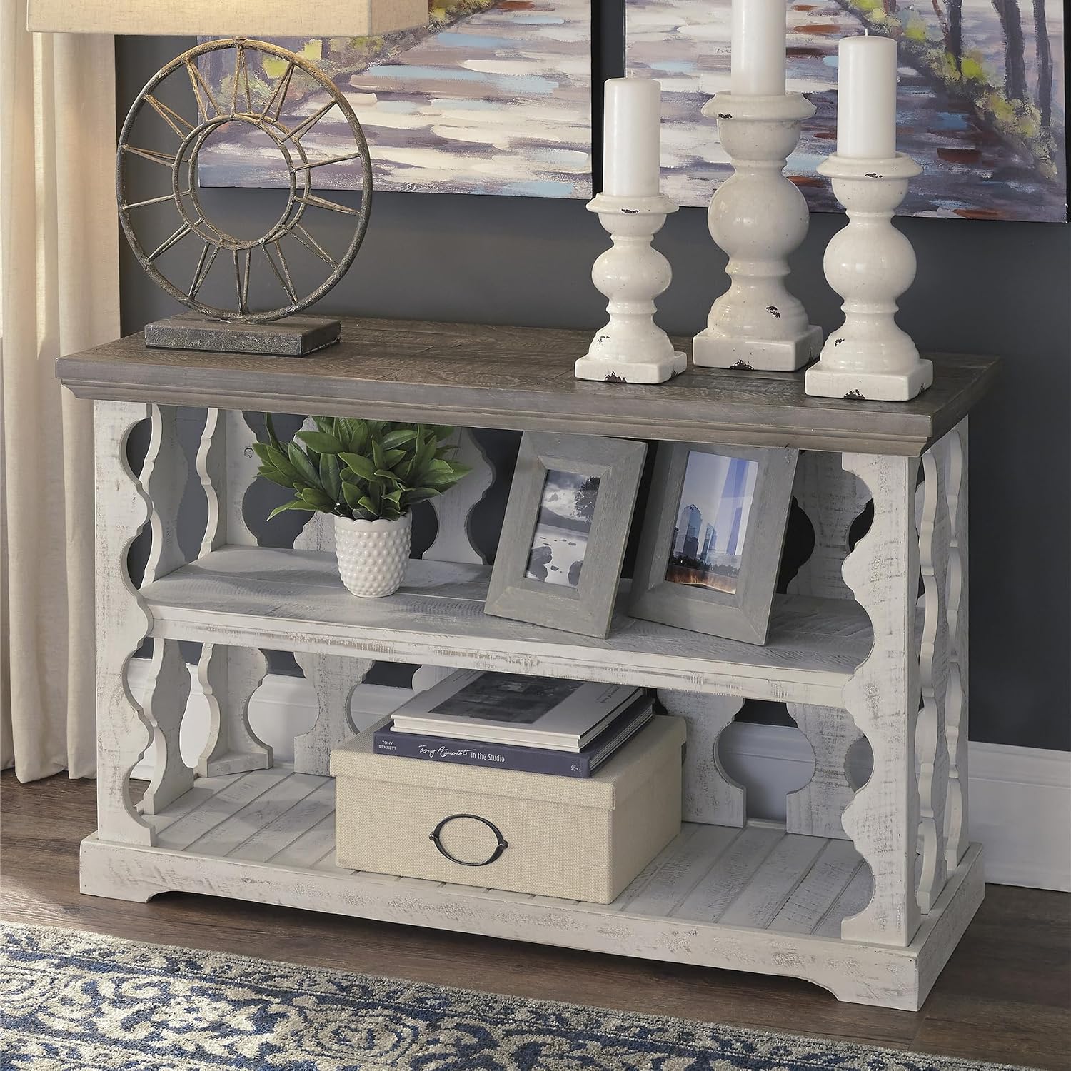 Signature Design by Ashley Havalance Farmhouse Console Sofa Table, Fixed Shelf, Pine Wood, 45.5' W x 17.25' D x 27.88' H, Distressed Finish, Gray & White