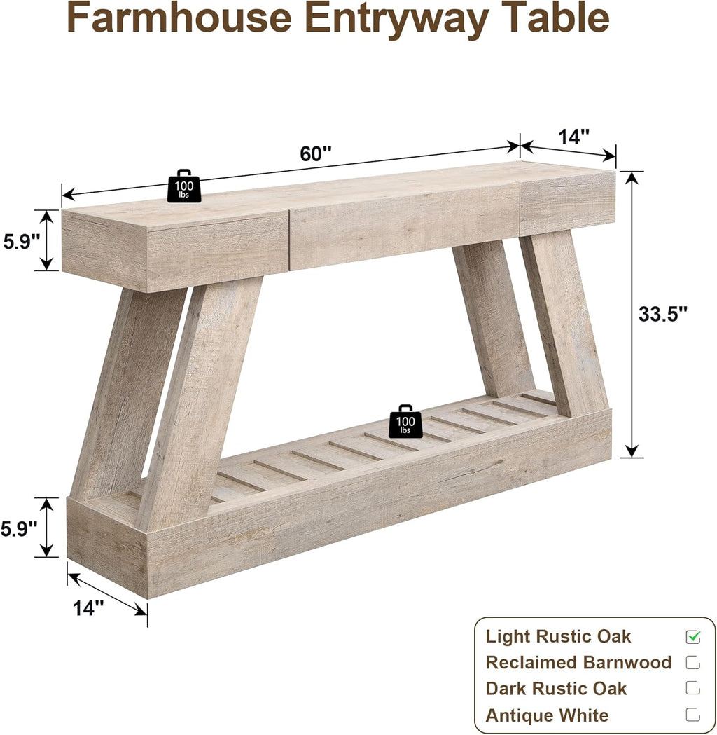 60' Farmhouse Entryway Table with Drawer, Wooden Hallway Foyer Table with Heavy Duty Base(Light Rustic Oak)