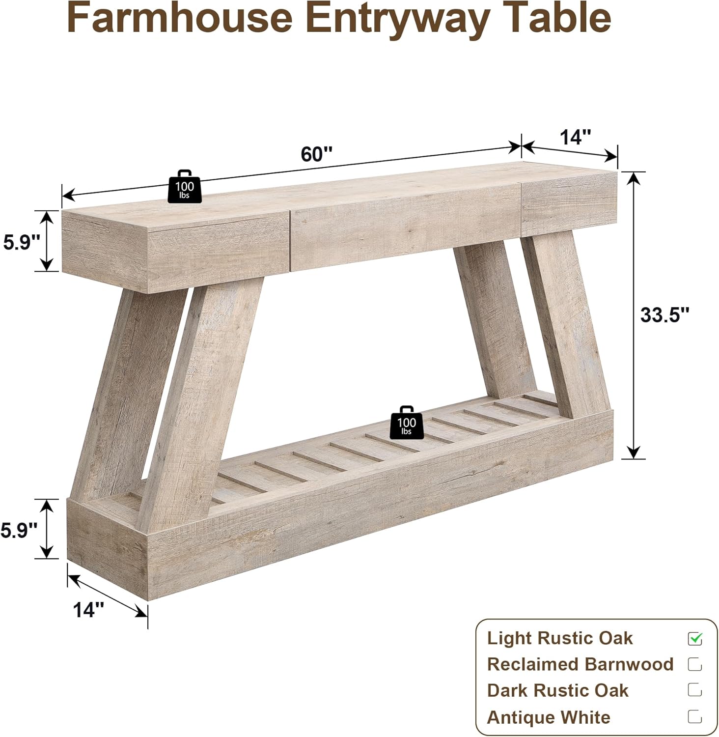 60' Farmhouse Entryway Table with Drawer, Wooden Hallway Foyer Table with Heavy Duty Base(Light Rustic Oak)