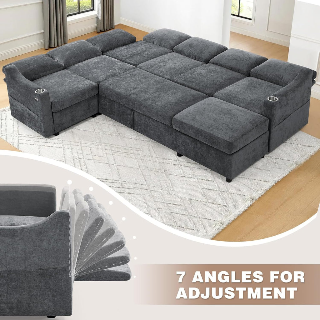 116' Chenille Modular Sofa Bed w/Adjustable Backrests, U-Shape Sleeper Sofa w/USB Ports & Storage Space, Convertible Corner Sectional Couch w/Pull Out Bed for House, Living Room, Grey