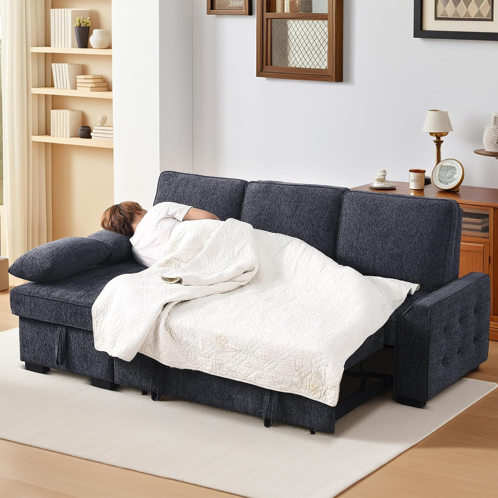 ERYE L-Shaped Pull Out Sleeper Sofa Bed, Modern Chenille Upholstered Button Tufted Corner Reversible Sleeper Sectional Sofa Couch with Storage Chaise, Drop-Down Table, Cup Holders and Charging Ports