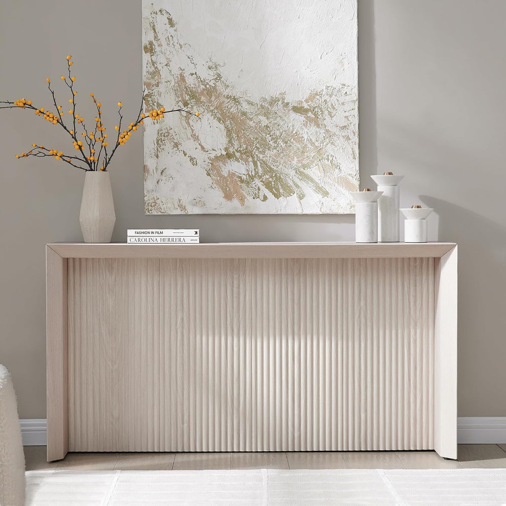 Henn&Hart 56' Fluted Wooden Rectangular Console Table Ribbed Entryway Table, Sofa Table for Entryway, Living Room, Couch, Hallway, or Office, Beech White