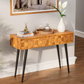 Bme Console Modern Mid-Century 2 Drawers and Metal Legs, Unique Geometric Design Sofa Table for Entryway, Hallway, Living Room, Teak Brown