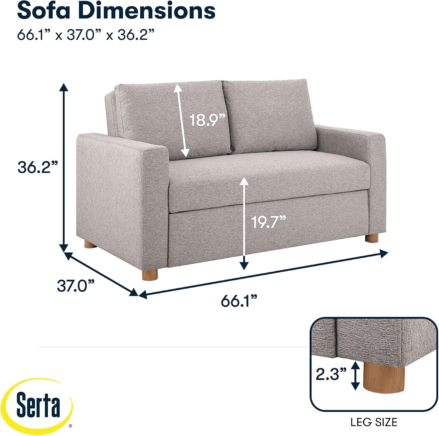 Serta Tulsa 66.1' Convertible Sleeper Loveseat, Full Size, Dreamcoil Comfort, FingerGuard Pinch Point Protection, Woven Fabric, Light Grey