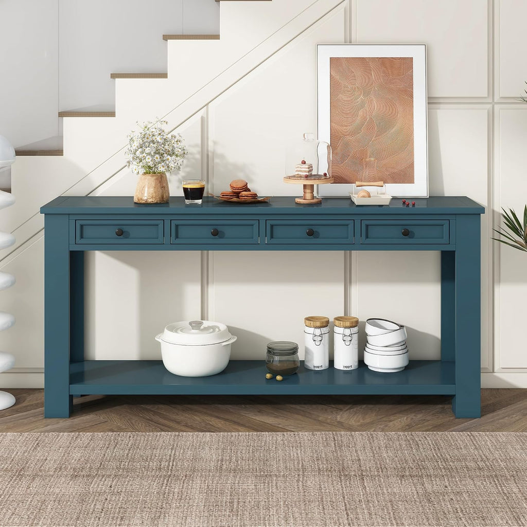 LKTART Solid Wood Console Table,63 in Long Sofa Table Entryway Table with 4 Drawers and Bottom Shelf for Hallway Living Room Couch Table,Easy Assembled (63' Dark Blue)