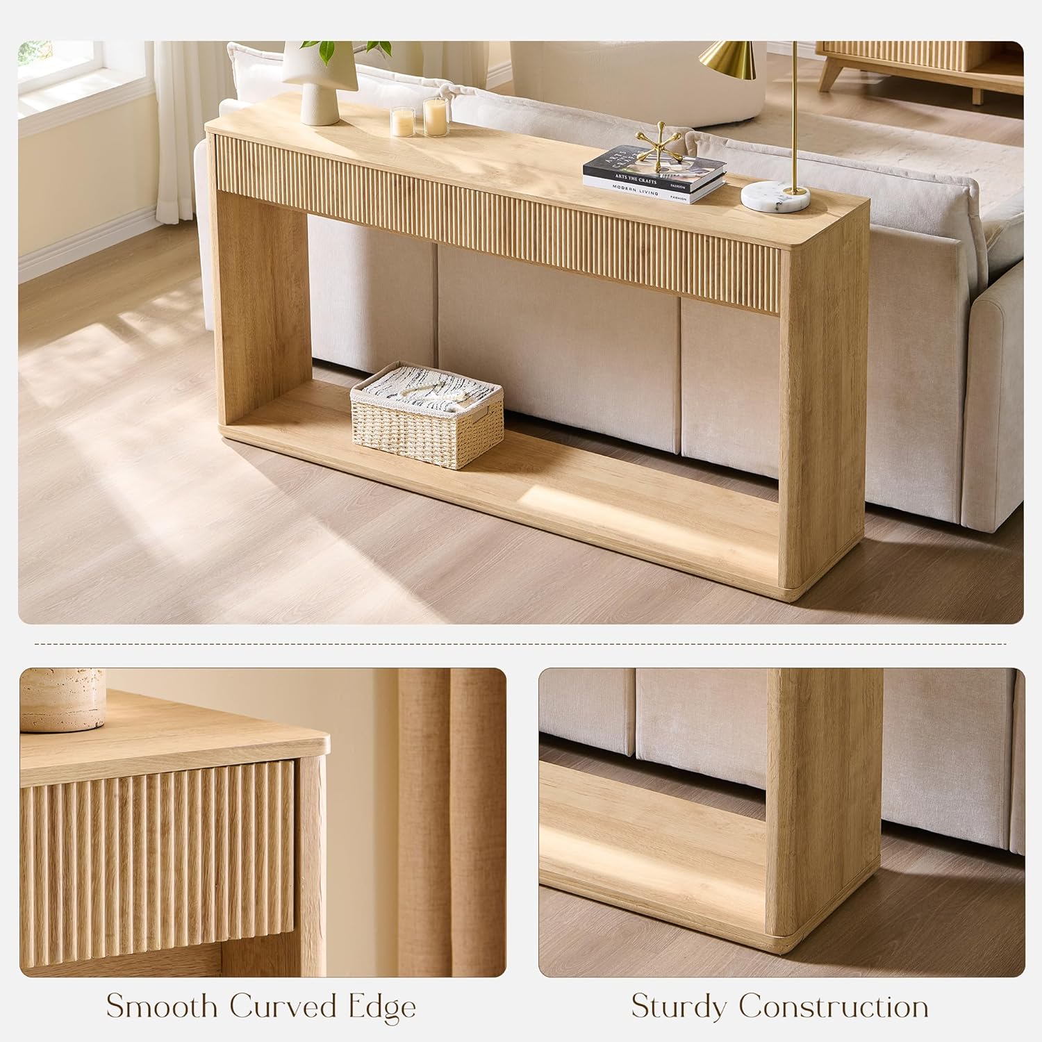 OKD 63' Fluted Console Table for Entryway, Modern Entryway Table with 2 Large Drawers, Long Sofa Table Behind Couch for Living Room, Hallway, Couch, Foyer，Natural Oak