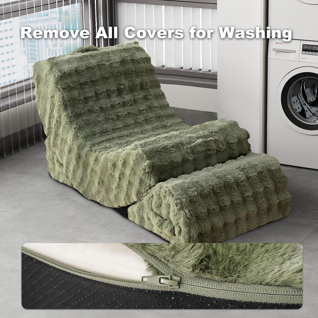 3-in-1 Adjustable Zero Gravity Floor Chair, Oversized Faux Fur Boneless Chair for Adults with Memory Foam & Washable Cover, Silent Rocker Recliner Lounge Chair for Reading, Nursing, Gaming, Green