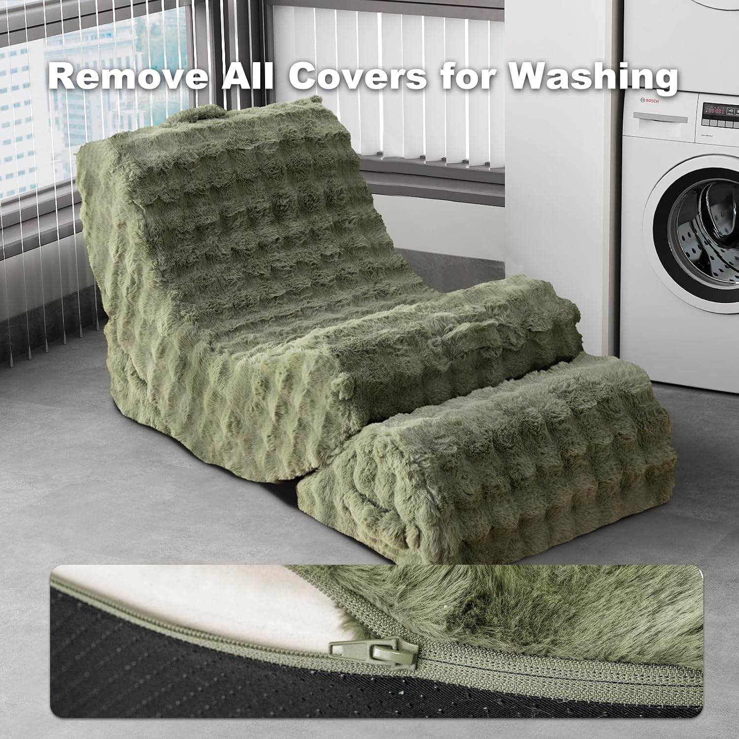 3-in-1 Adjustable Zero Gravity Floor Chair, Oversized Faux Fur Boneless Chair for Adults with Memory Foam & Washable Cover, Silent Rocker Recliner Lounge Chair for Reading, Nursing, Gaming, Green