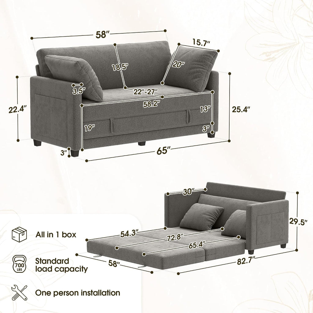 Myroyalsit 65' Convertible Loveseat Sofa Bed, 2-in-1 Folding Sofa Bed with 2 Pillow for Small Spaces, Modern Loveseat Sleeper Couch for Apartment, Living Room & Guest Room (Grey Chenille, 65 inch)