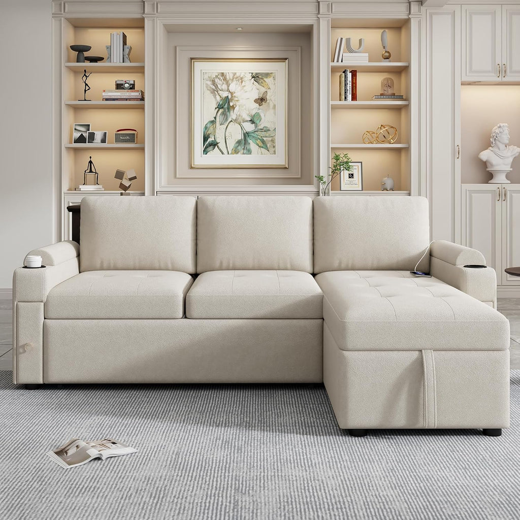 Merax Modern 83.5' L-Shaped Sectional Sofa with Pull-Out Sleeper Bed, USB Ports & Cup Holders, Chenille 3-Seat Couch with Storage Chaise Lounge, Side Pocket & Drawers for Living Room, Beige