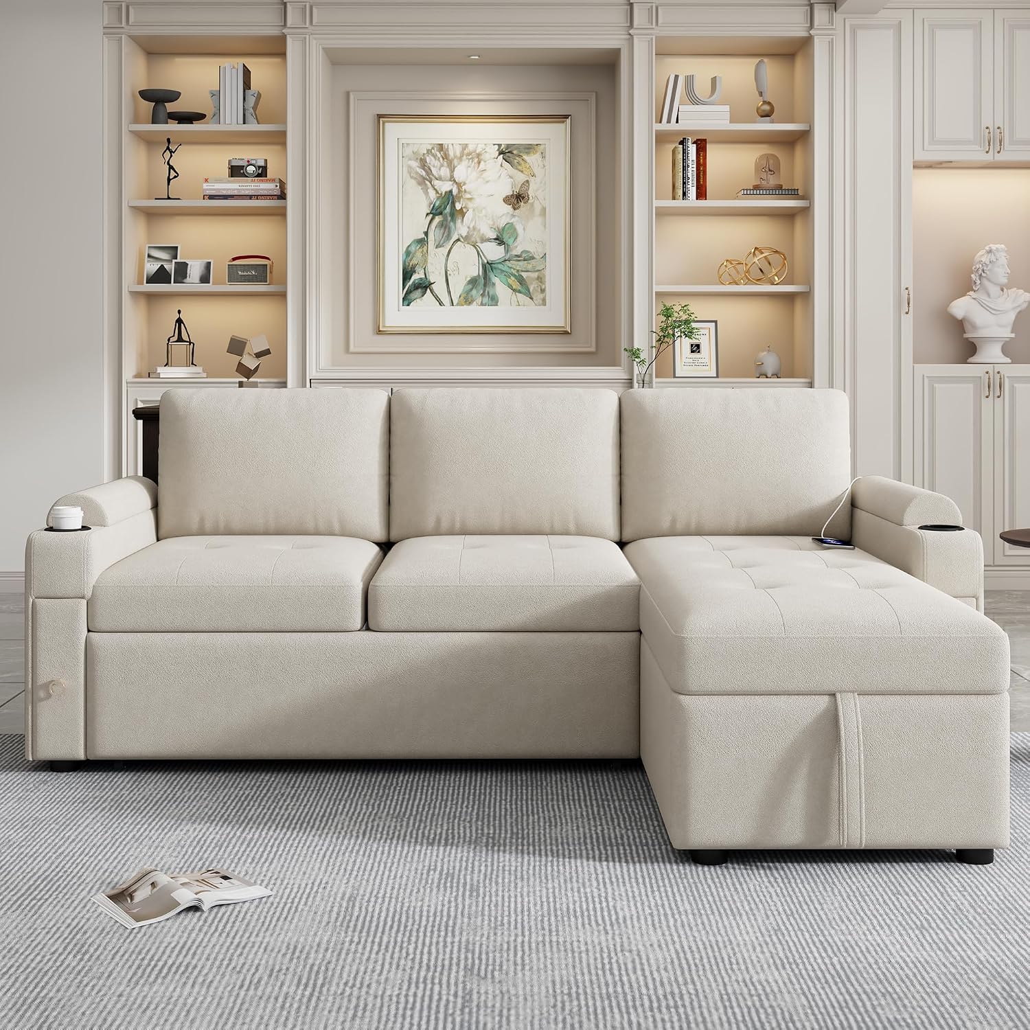 Merax Modern 83.5' L-Shaped Sectional Sofa with Pull-Out Sleeper Bed, USB Ports & Cup Holders, Chenille 3-Seat Couch with Storage Chaise Lounge, Side Pocket & Drawers for Living Room, Beige