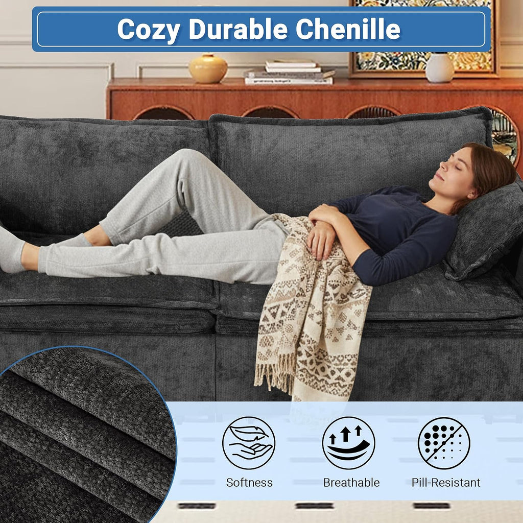 73' Sleeper Sofa Bed, 3-in-1 Pull Out Couch with USB/Type-C Charging & Side Pockets, Convertible Chenille Loveseat Chaise Lounge, Space-Saving Sofa for Living Room, Black