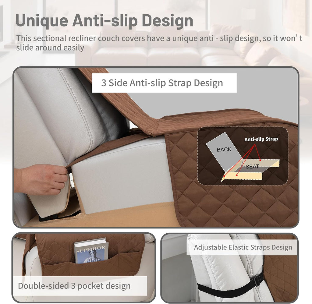 Waterproof Sectional Reclining Couch Covers L Shaped Recliner Sectional Sofa Cover 8 Piece Non Slip Washable Corner Recliner Slipcover Set for Pet Dog (5 Seater 1 Console Cover, Coffee)