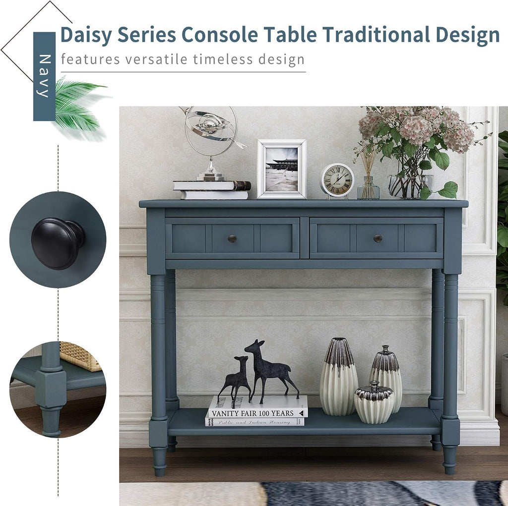 Knocbel 35.5 Inch Antique Entry Console Table with Drawers & Bottom Open Shelf, Solid Wood Sofa Couch Table for Entryway Hallway Living Room (Navy)