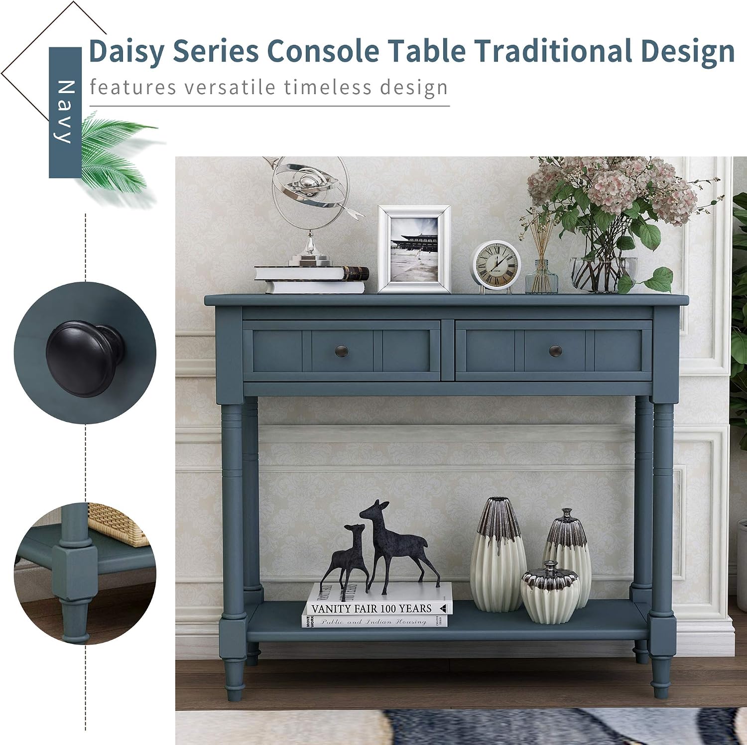 Knocbel 35.5 Inch Antique Entry Console Table with Drawers & Bottom Open Shelf, Solid Wood Sofa Couch Table for Entryway Hallway Living Room (Navy)