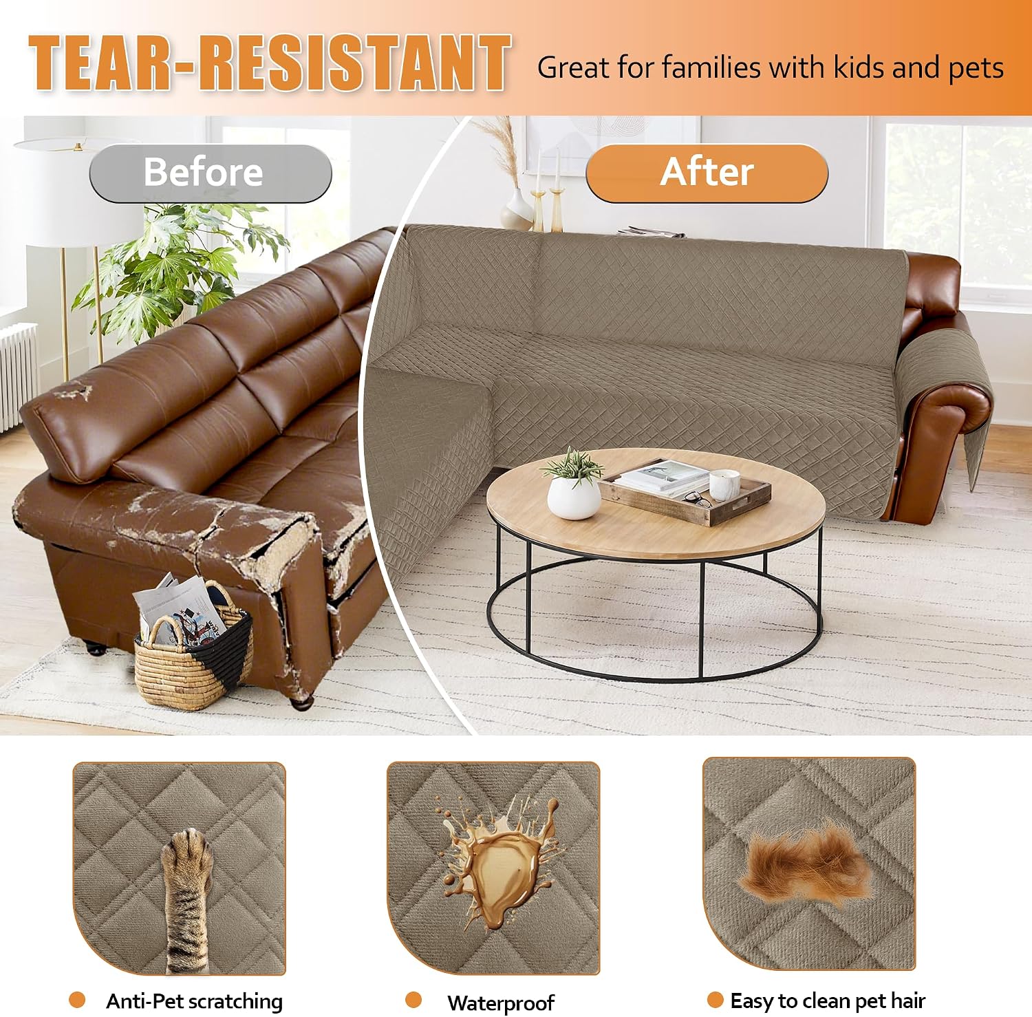 Arfntevss Waterproof Sectional Couch Covers L Shape Washable Velvet Sofa Cover for Sectional Non Slip Large Corner Slipcovers Dog 6 Pcs Universal U Shaped Furniture Protector (Camel, Large)