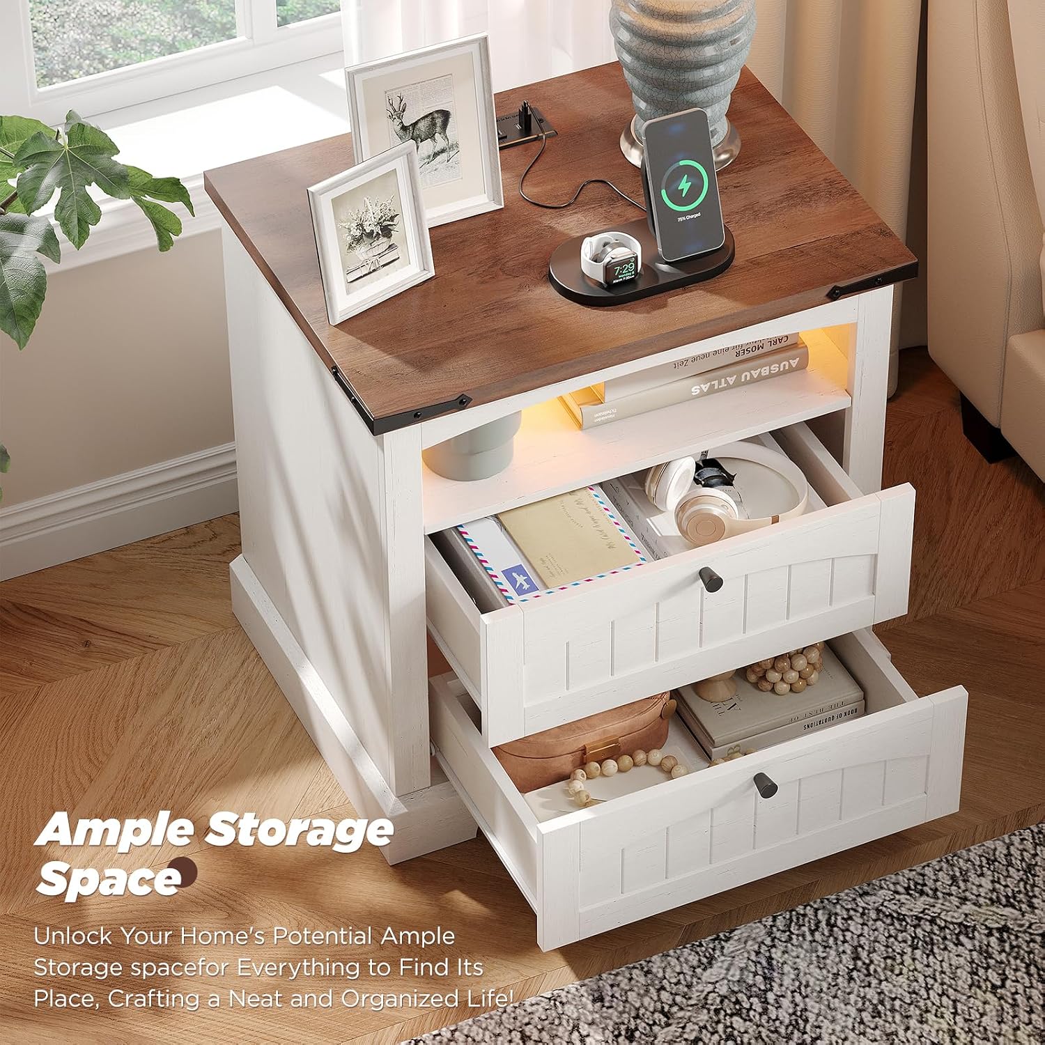 Vabches Nightstand with Charging Station, Vintage End Table with 2 Drawers, Wood Rustic Sofa Side Table with Open Storage Shelf for Bedroom, Living Room