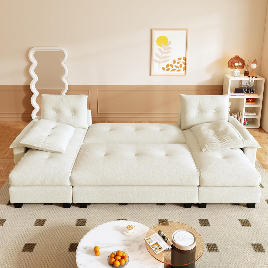 104.7' U-Shaped Sleeper Sofa with Pull Out Bed, 2 in 1 Convertible Couch Bed with Removable Armrests & USB Ports, Oversized Sectional Modular with Chaise Lounge for Living Room/Apartment