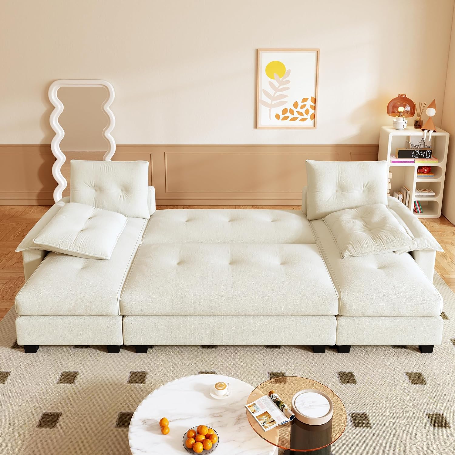 104.7' U-Shaped Sleeper Sofa with Pull Out Bed, 2 in 1 Convertible Couch Bed with Removable Armrests & USB Ports, Oversized Sectional Modular with Chaise Lounge for Living Room/Apartment