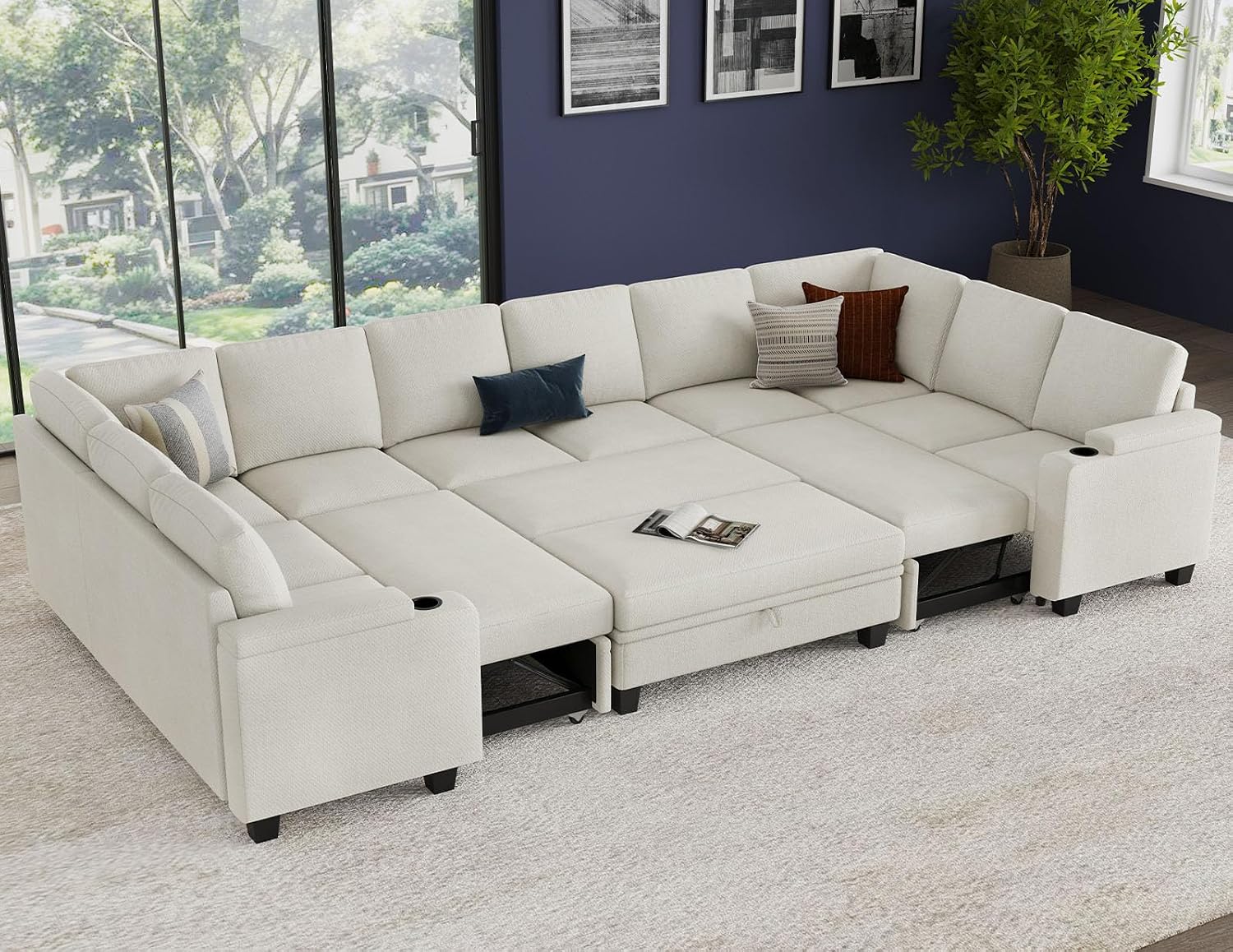 Belffin Large Modular Sectional Sleeper Sofa with Pull Out Bed Oversized U Shaped Sectional Couches for Living Room. White Couch