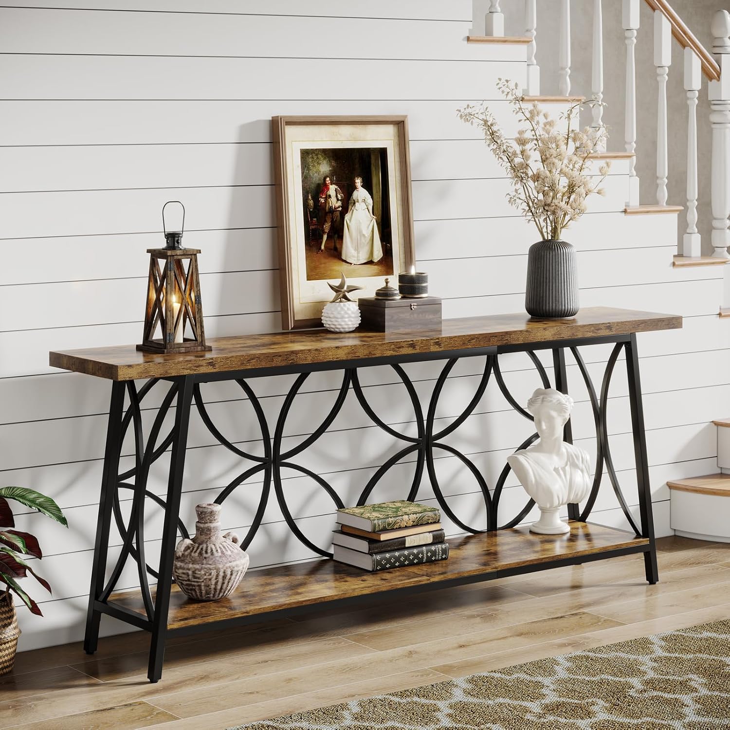 Celaform 70.9-Inch Sofa Table, 2-Tier Narrow Console Table with Storage for Living Room, Entryway, Hallway, Foryer, Geometric Pattern Design (Rustic Brown)