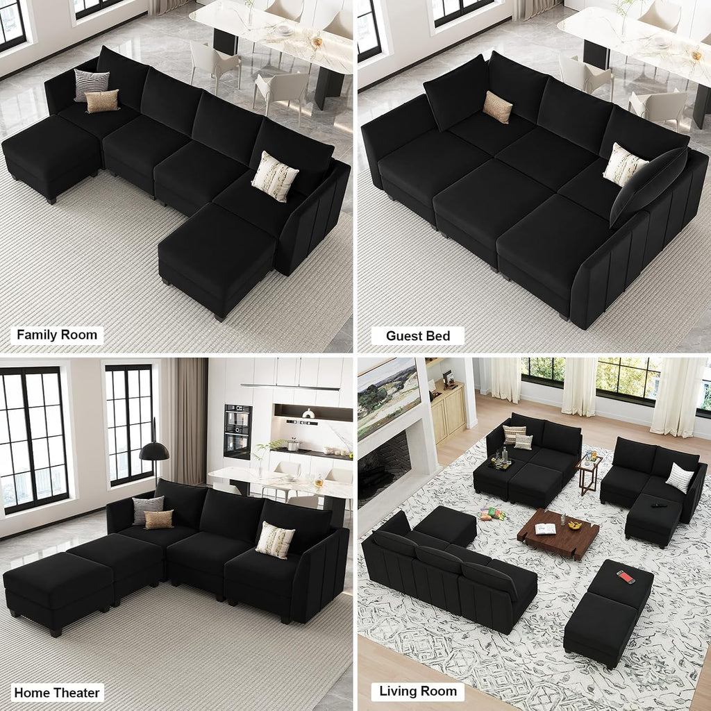 Belffin Modular Sectional Sofa with Double Chaise Velvet U Shaped Sofa Reversible Sectional Couch with Storage Black