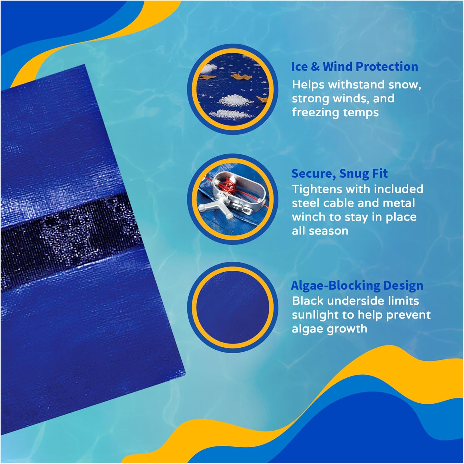 Blue Wave Gold 15-Year 18 ft x 40 ft Oval Above Ground Pool Cover for Winter – Durable & Weather-Resistant Polyethylene – 4 ft Overlap, Black Underside, Reinforced Grommets, Winch, Cable – Royal Blue