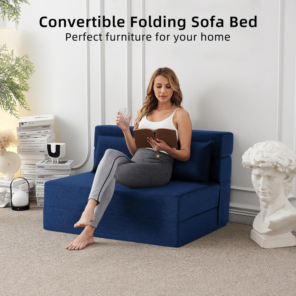 FILUXE Folding Sofa Bed | Convertible Sleeper Chair Bed for Adults, Fold Out Chair to Bed Linen Futon Chair with Pillow, for Home Dorm Apartment RV Living Room, Standard Size, Navy Blue