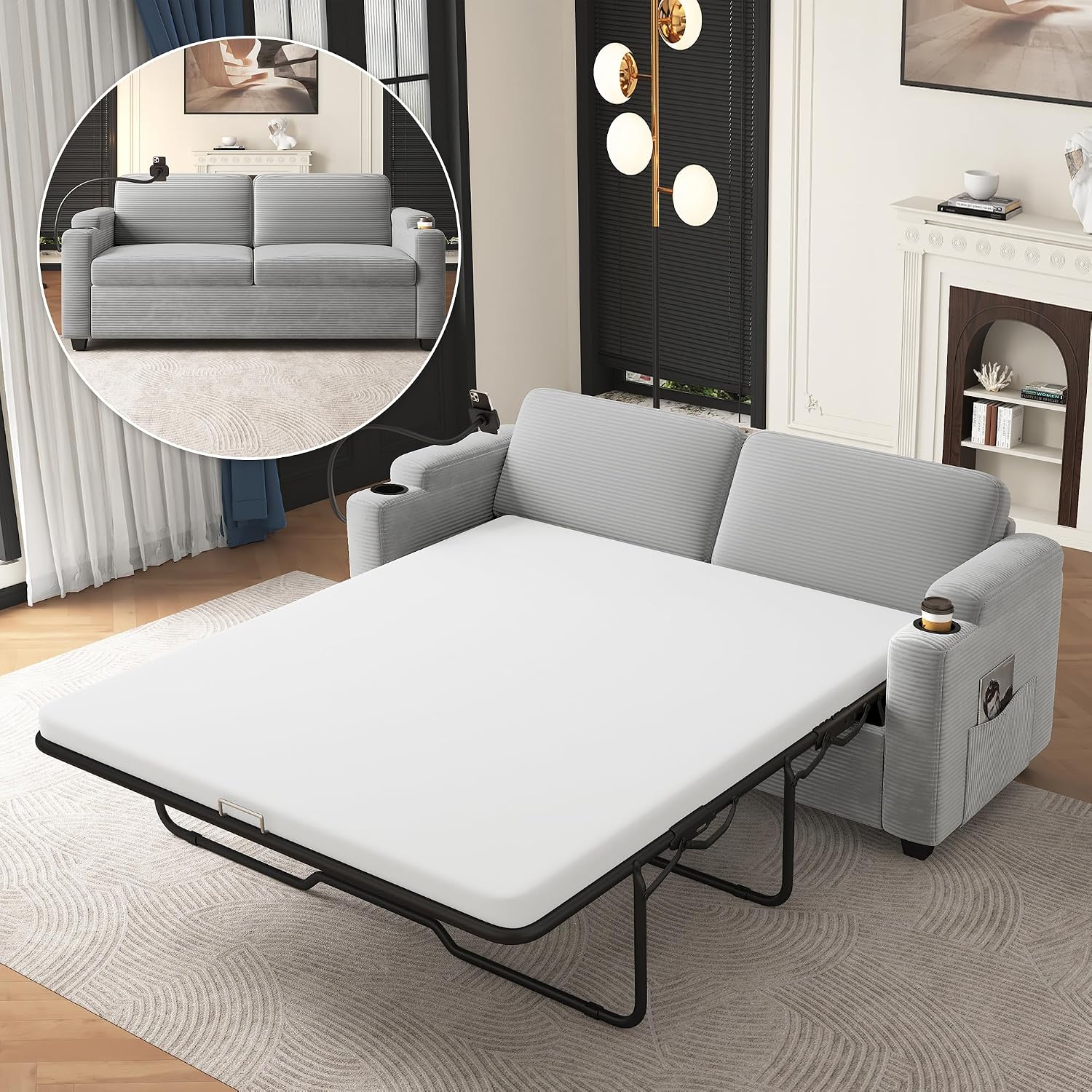 Merax 72.8' Corduroy Sleeper Sofa Bed with Full Size Mattress, Futon Couches with USB Ports | Phone & Cup Holders| Side Pockets,Pull Out Couch for Living Room, Small Loveseat, Grey