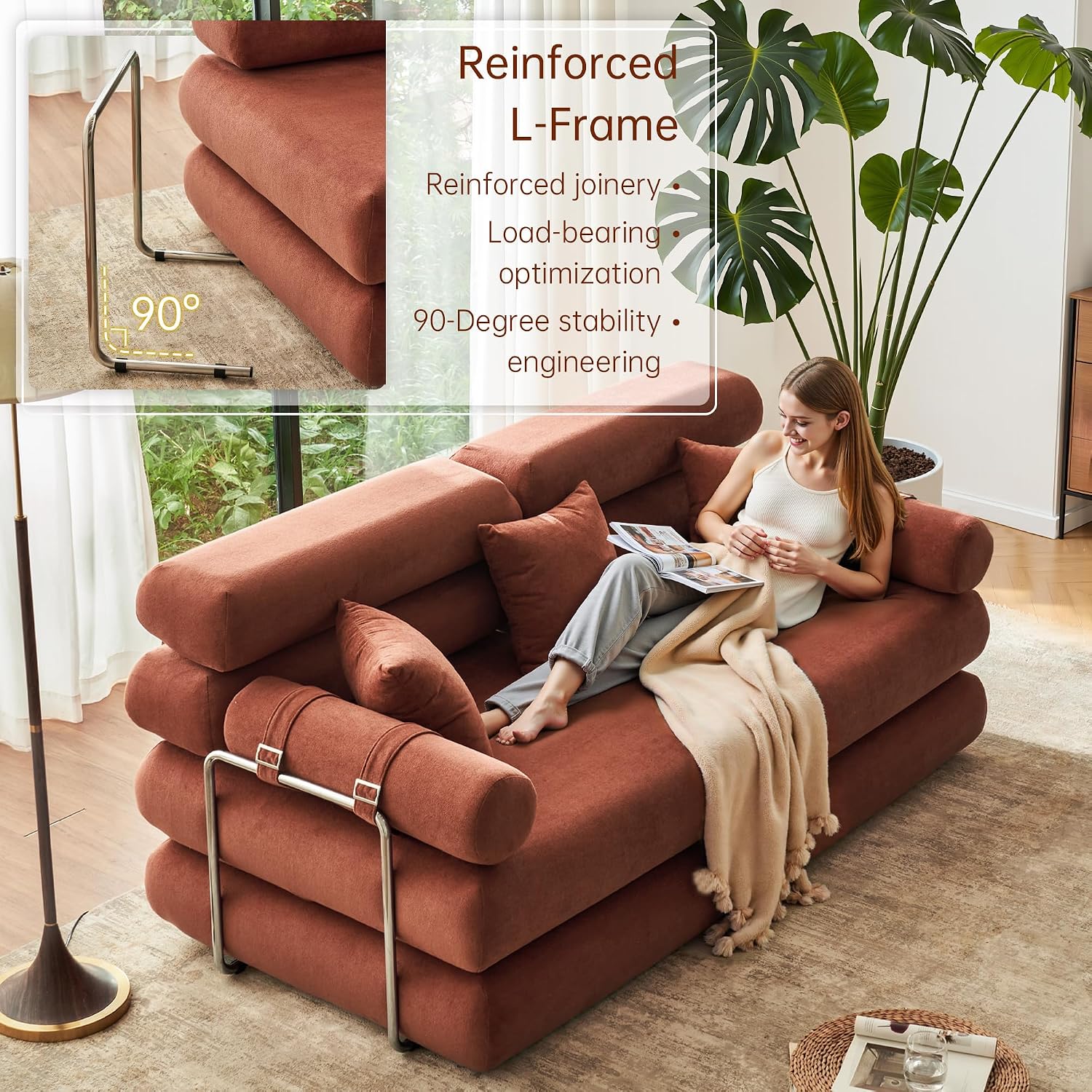 YINIX Convertible Sleeper Sofa - 35'' High-Back Floor Couch Bed - Folding Sofa Bed with Rounded Arm Supports - Floor Sofa Lounge Sofa Bed for Living Room Bedroom - Orange
