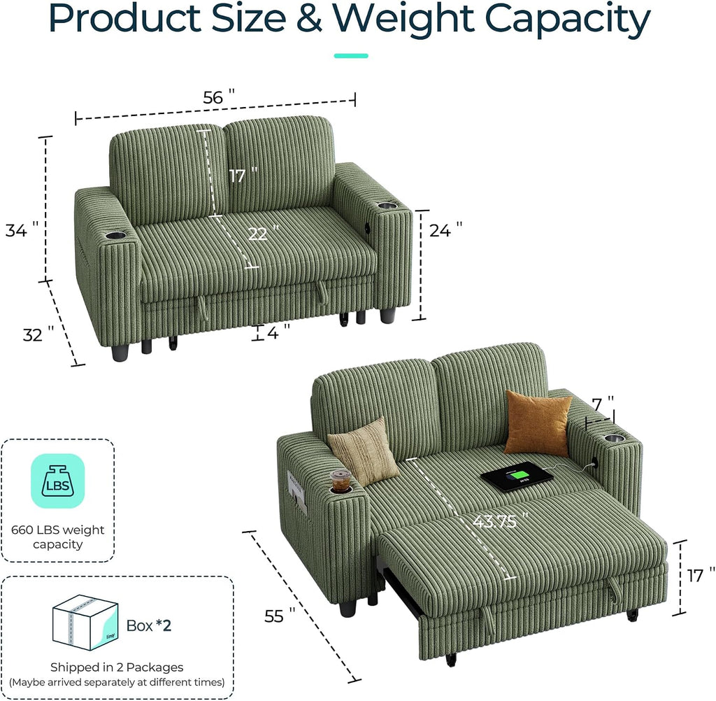 LINSY HOME Loveseat Sofa Couch with USB Charging & Cup Holders, Convertible Pull Out Couch Chaise 2 Seater Sofa, Comfy Plush Corduroy Love Seat for Small Spaces Living Room Apartment (Green)