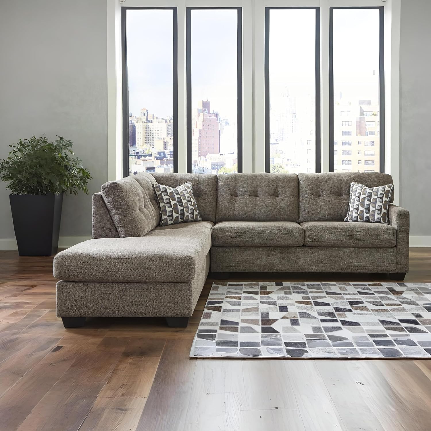 Signature Design by Ashley Mahoney Casual L-Shaped Tufted 2-Piece Sleeper Sectional with Chaise, Bi-Fold Memory Foam Mattress, Loose Seat Cushions and 2 Accent Pillows, Full, Dark Brown