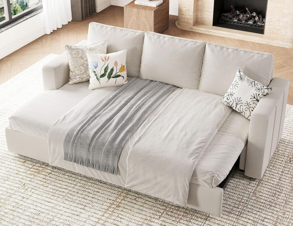 Belffin Modular Sectional Sleeper Sofa with Pull Out Couch, L Shaped Sleeper Pull Out Bed, Convertible Sectional Couches for Living Room, Beige