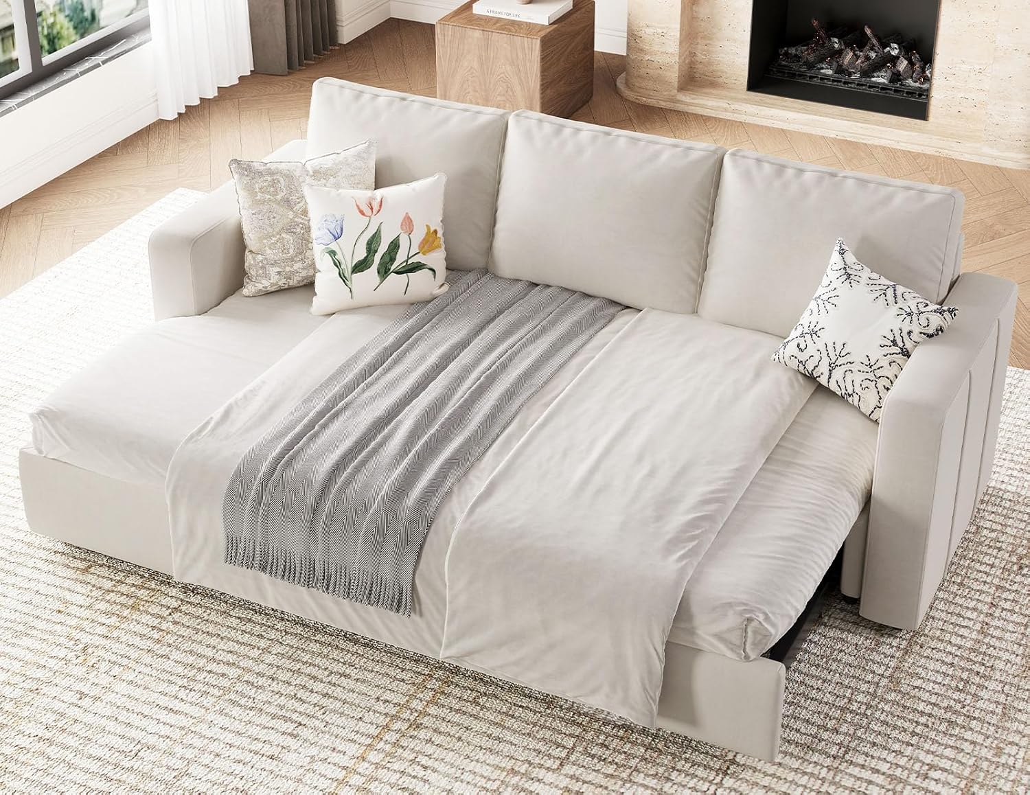 Belffin Modular Sectional Sleeper Sofa with Pull Out Couch, L Shaped Sleeper Pull Out Bed, Convertible Sectional Couches for Living Room, Beige