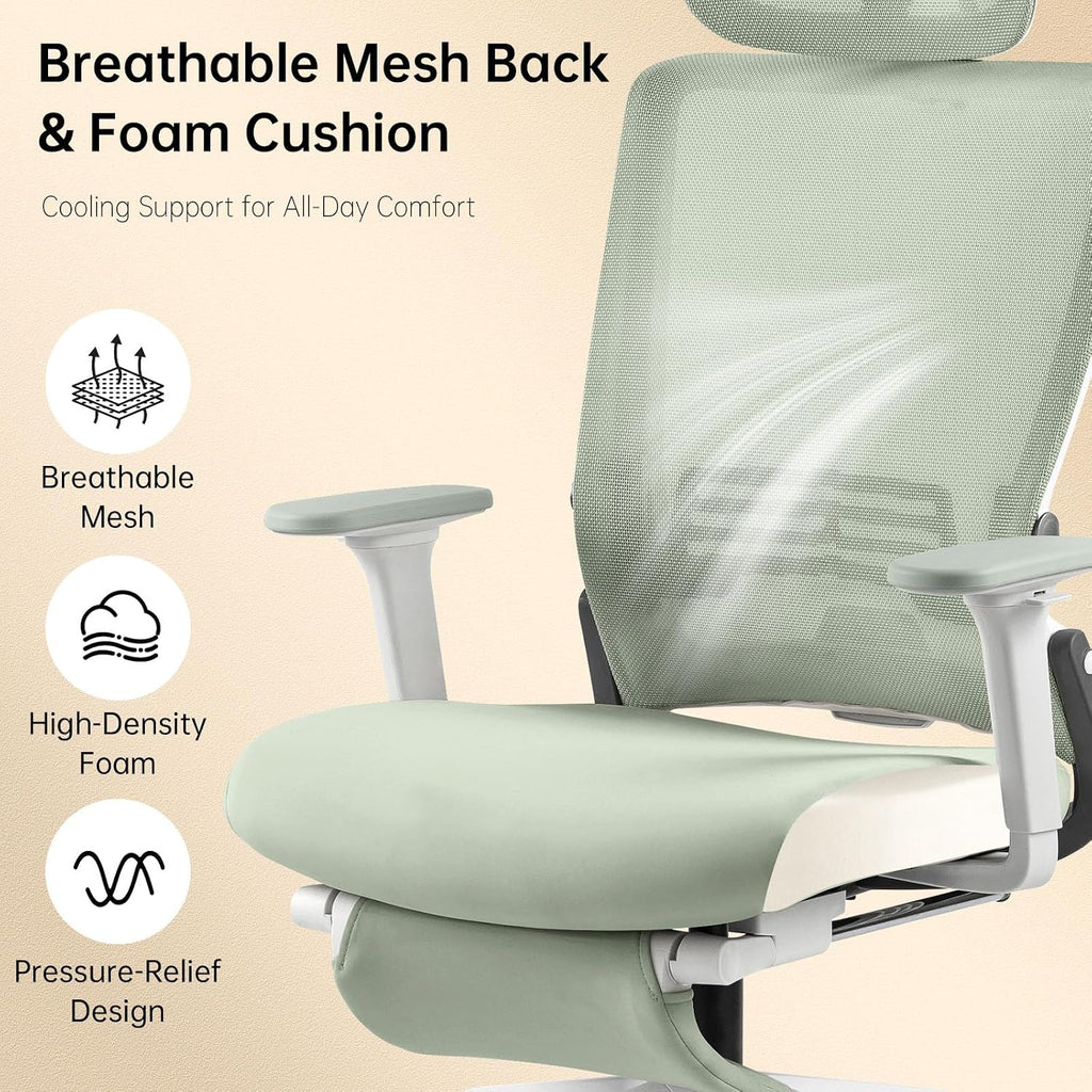 Foldable Office Chair with Foot Rest, Ergonomic Office Chair with Adjustable Lumbar Support, Headrest, Armrest, Home Office Desk Chair for Space Saving, Work from Home, Green