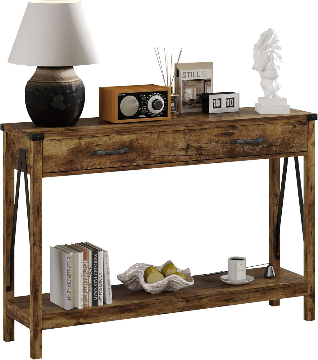 ChooChoo 47'' Farmhouse Console Table with Drawer, Entryway Table with Storage Shelf, Rustic A-Design Sofa Table for Hallway, Entrance, Living Room, Rustic Brown