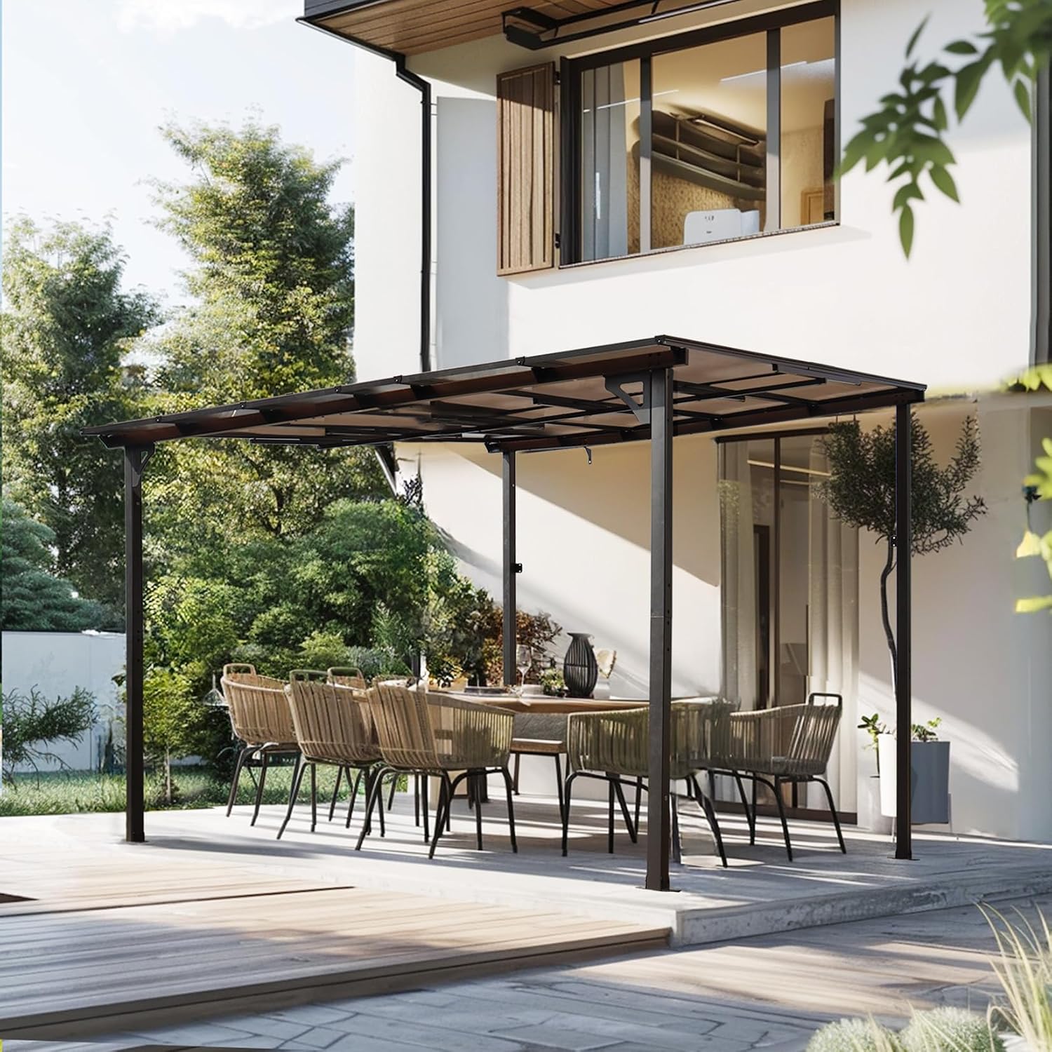 10' x 10' Outdoor Pergola Gazebo, Wall-Mounted Lean to Metal Awning Gazebo with Roof, Large Heavy Duty Garage Top Tent for Patio, Decks, Backyard